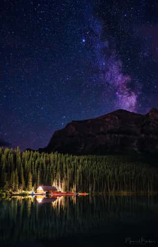 Lakeside view towards Canoe Cabin at Lake Louise, Banff